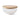 A clear glass serving bowl with a vertical ribbed texture on the sides and natural wood lid, shown on a clean white background.