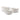Three cream stoneware mixing bowls with embossed sides and smooth interiors, and a spoon rest in the edge, shown on a clean white background.