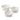 Three cream stoneware mixing bowls with embossed sides and smooth interiors, and a spoon rest in the edge, shown on a clean white background.