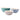 Three stoneware mixing bowls with embossed sides and smooth interiors, shown on a clean white background. The bowls are in teal, pale pink, and light blue, with cream-colored interiors and have a spoon rest in the edge.