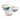 Three stoneware mixing bowls with embossed sides and smooth interiors, shown on a clean white background. The bowls are in teal, pale pink, and light blue, with cream-colored interiors and have a spoon rest in the edge.