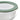 Close up of a clear ribbed glass round storage container showing the olive green trimmed lid, shown on a plain white background.