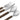 A close up of a cutlery set including fork, knife, spoon and teaspoon with wooden look handles photographed on a white background.