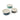 Three nested round melamine storage containers with lids, featuring vertical stripes in shades of green, blue, pink, and beige on a white background.