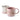 Pink floral print mug alongside a matching pink lid with a stainless steel strainer resting upon it. Shown on a plain white background.