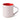 A classic ceramic mug with a light pink exterior and a bright red interior with a curved handle. Photographed on a clean white background.
