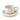 A speckled cream teacup and saucer set with curved edges and round handle, shown on a clean white background.