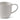A close up of the handle of a white stoneware mug with a vertical ribbed texture, shown on a plain white background.