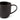 A close up of the handle of a dark brown stoneware mug with a vertical ribbed texture, shown on a plain white background.